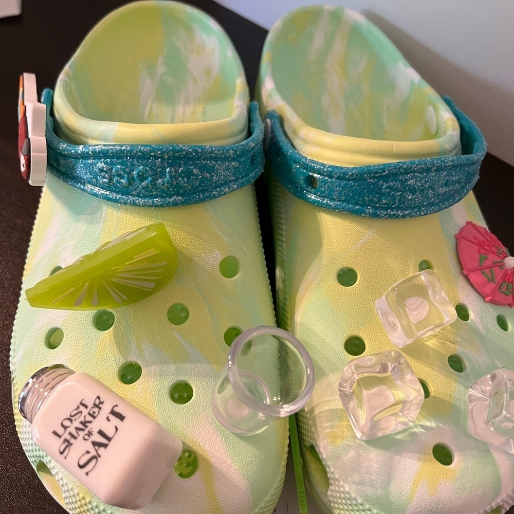 CROCS Green and Blue Sandals with Glitter Accents